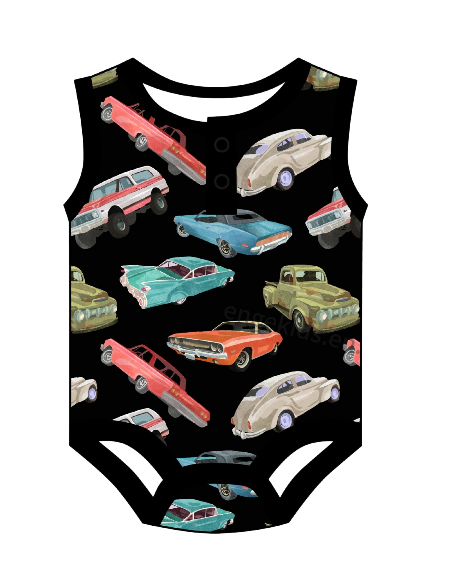 Soft bamboo baby onesie with playful classic vehicles design, perfect for summer adventures