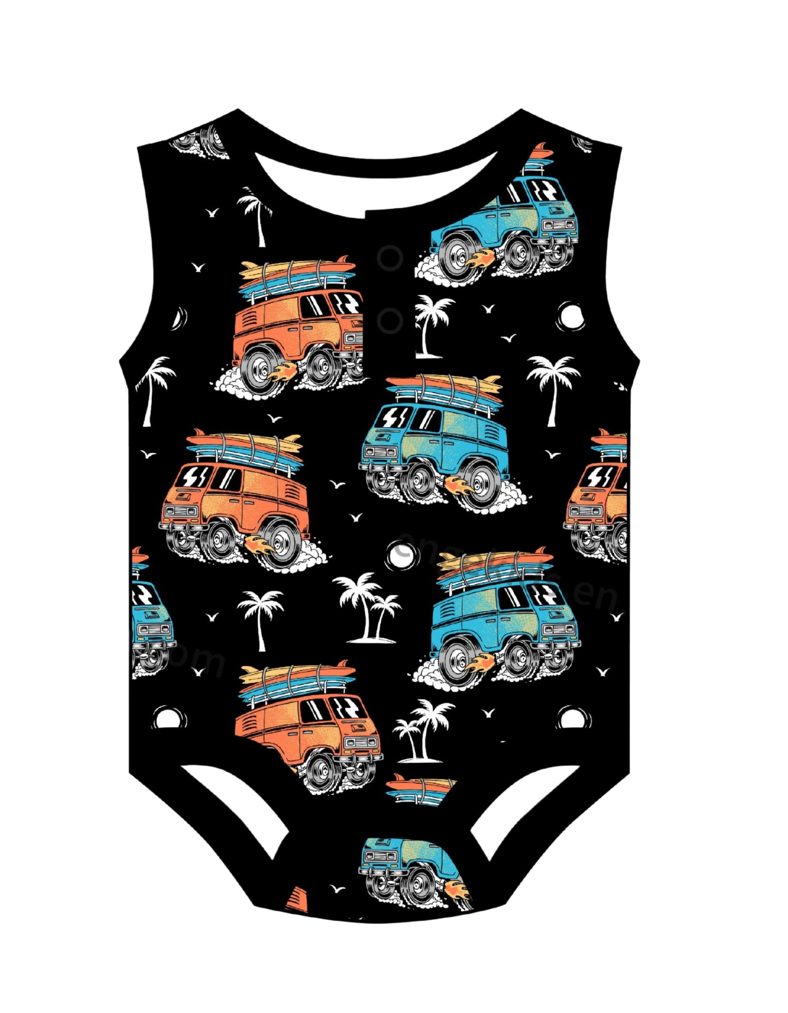 Soft bamboo baby onesie with playful surf van design, perfect for summer adventures