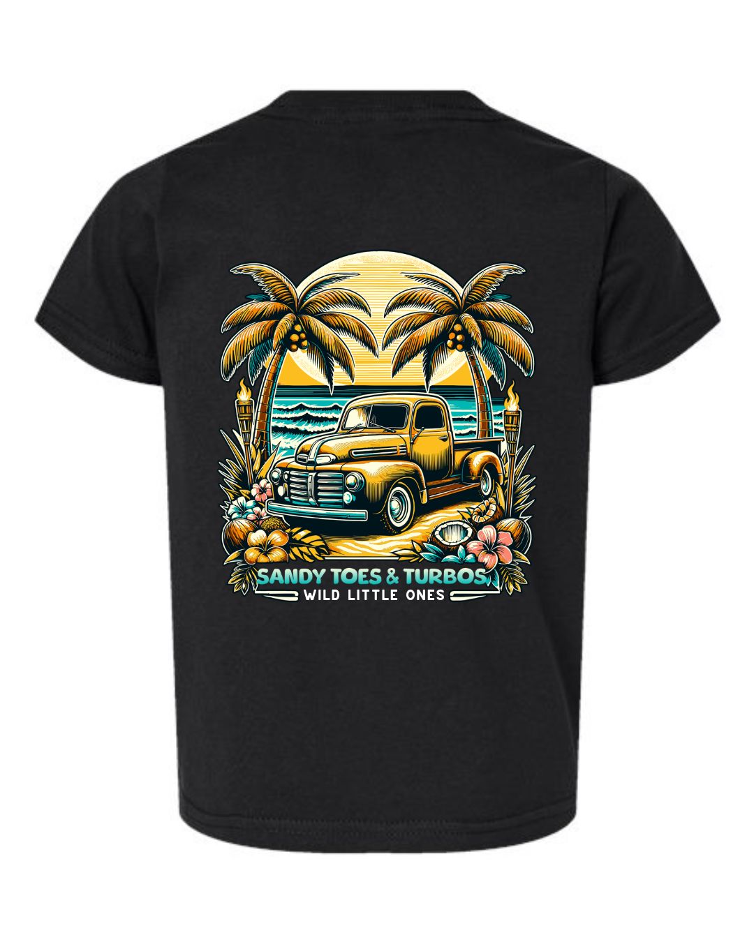 Toddlers and Turbos tee featuring classic truck at the ocean