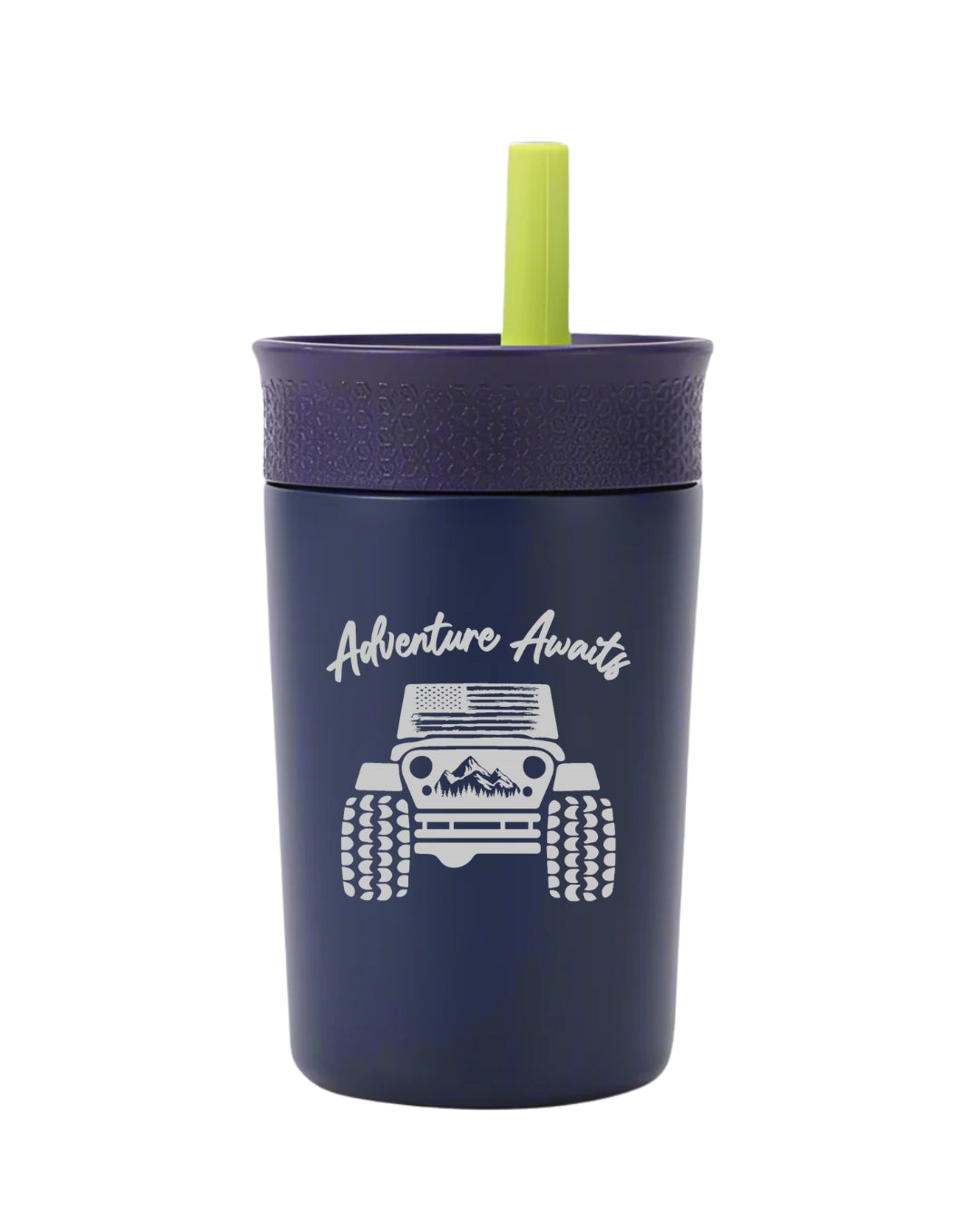 Stainless steel kids tumbler with laser engraved “Adventure Awaits” design, blue cup with lid and straw, spill-proof and toddler-sized – Wild Little Ones brand