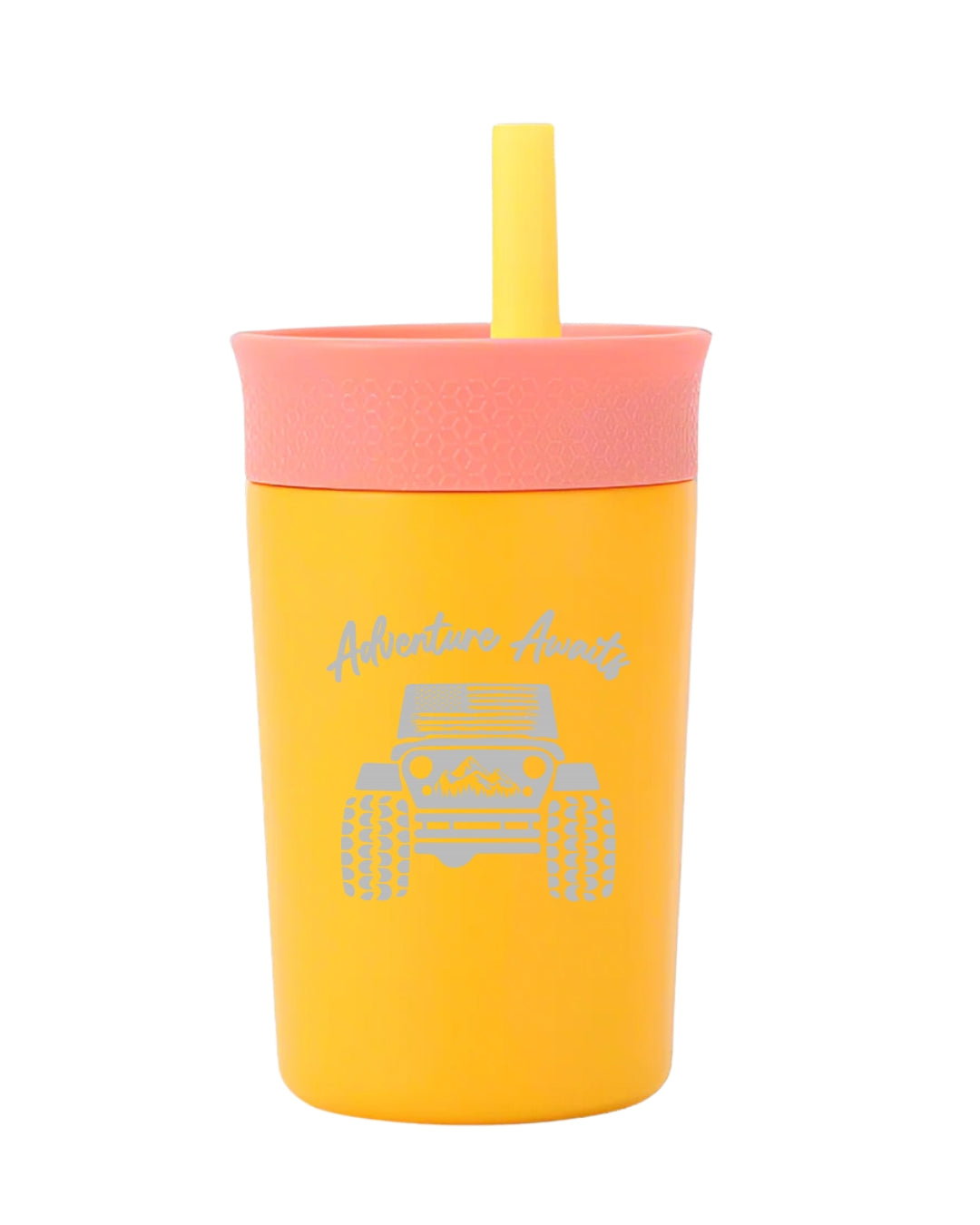 Stainless steel kids tumbler with laser engraved “Adventure Awaits” design, golden cup with lid and straw, spill-proof and toddler-sized – Wild Little Ones brand