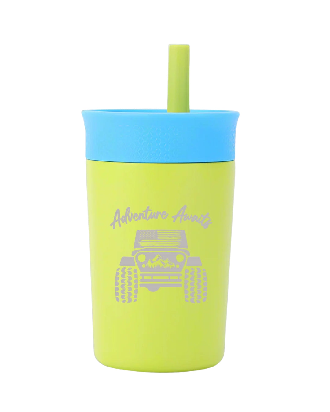 Stainless steel kids tumbler with laser engraved “Adventure Awaits” design, green cup with lid and straw, spill-proof and toddler-sized – Wild Little Ones brand