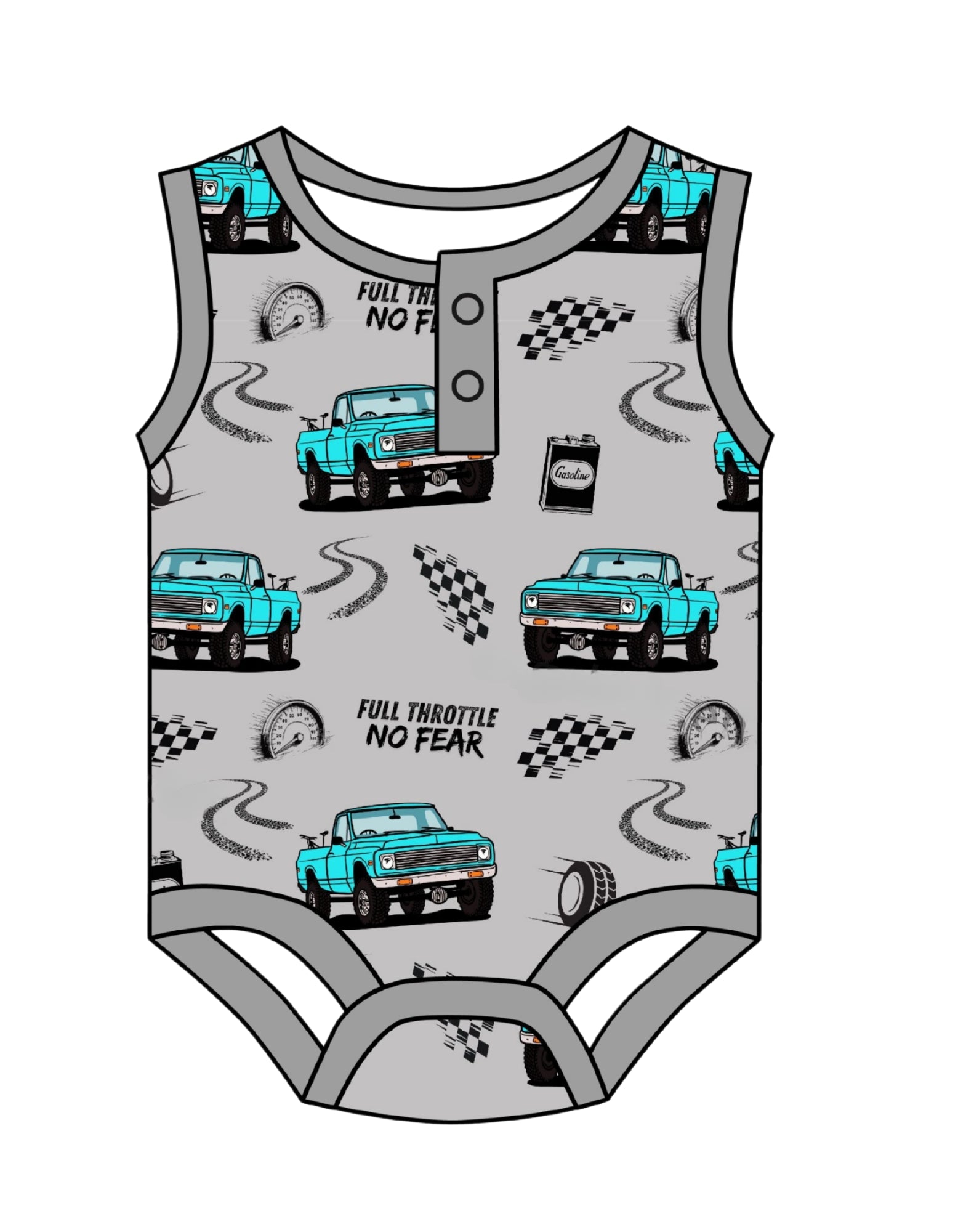 Soft bamboo baby onesie with playful truck design, perfect for summer adventures