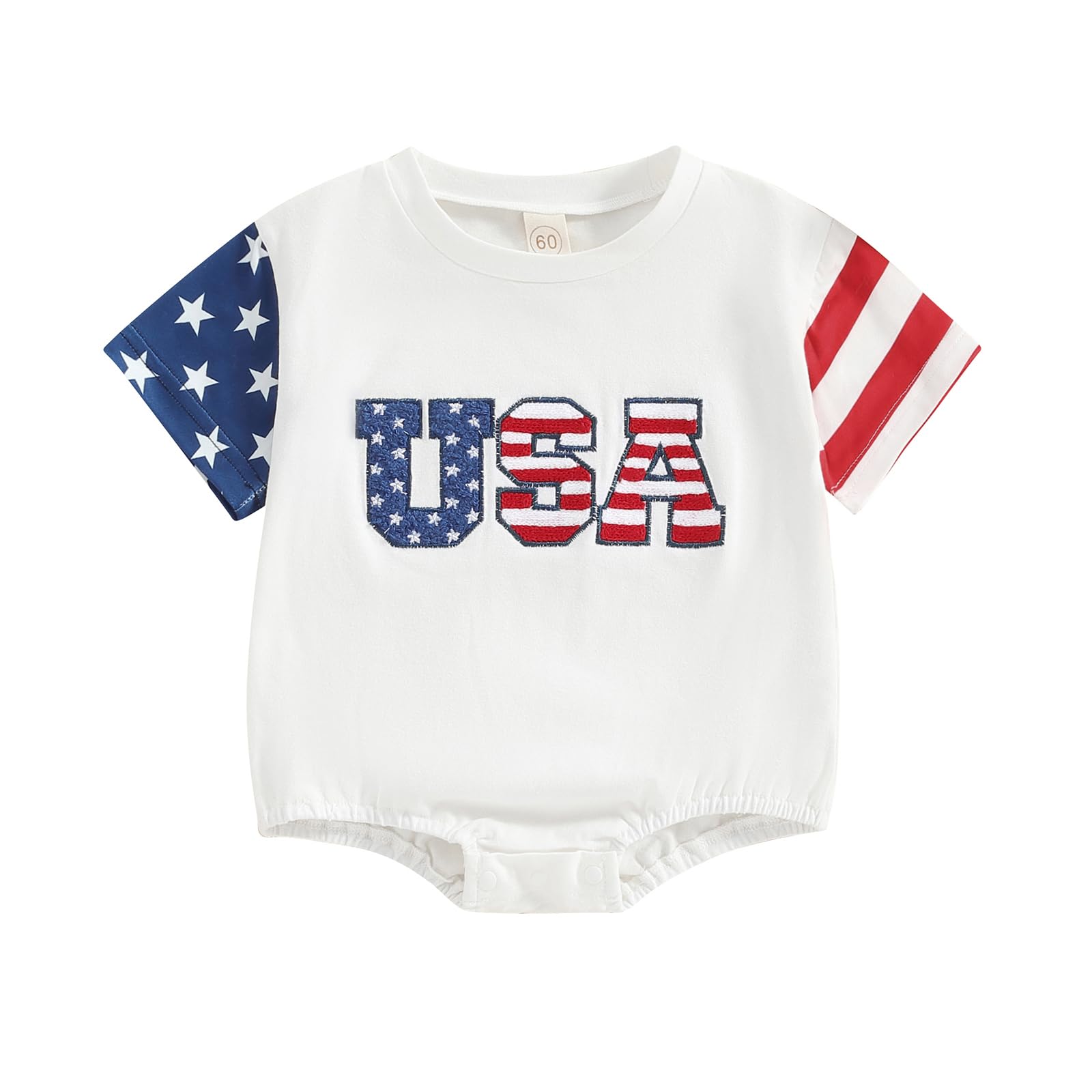 USA-themed infant romper in red, white, and blue colors