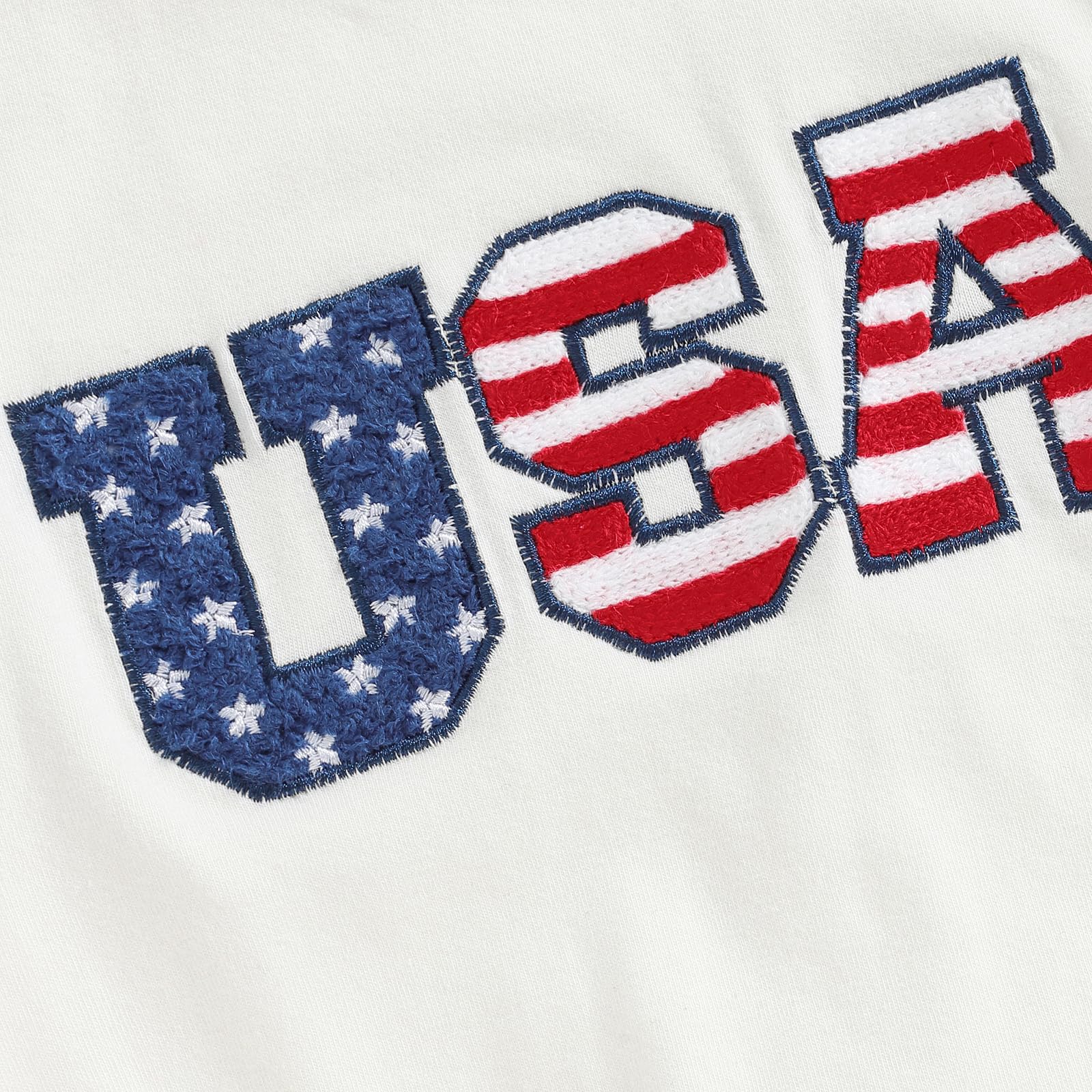 up close of USA-themed infant romper in red, white, and blue colors